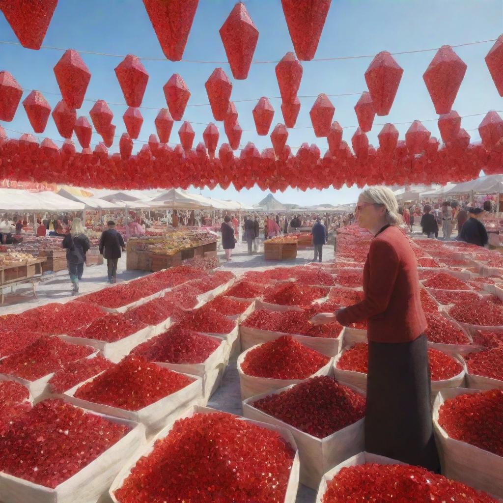 Render a 3D image of a woman buying vibrant red crystals at a large, open-air market, with a clear sky overhead. The stalls and surroundings are filled with sparkling red crystal commodities.