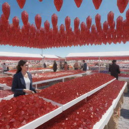 Render a 3D image of a woman buying vibrant red crystals at a large, open-air market, with a clear sky overhead. The stalls and surroundings are filled with sparkling red crystal commodities.