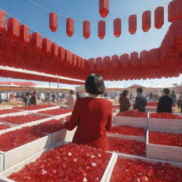 Render a 3D image of a woman buying vibrant red crystals at a large, open-air market, with a clear sky overhead. The stalls and surroundings are filled with sparkling red crystal commodities.