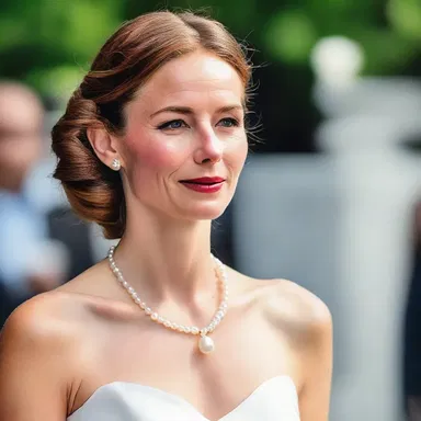 She innocently accessorized her outfit with a delicate pearl necklace.