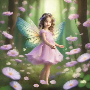 The fairy innocently flew among the flowers in the enchanted forest, spreading magic and joy.