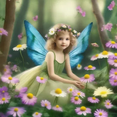 The fairy innocently flew among the flowers in the enchanted forest, spreading magic and joy.