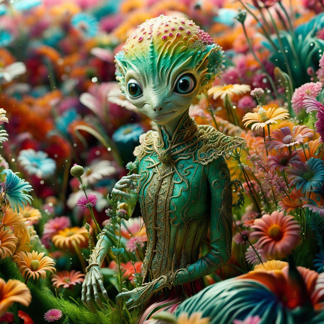 A hyper-realistic 3D Rococo-inspired photograph of an intelligent alien in a vibrant, flower-filled mythical meadow, captured in a close-up, high-definition shot.