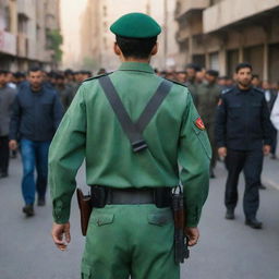 A rear view of an 18-year-old, faceless IRGC guard wearing a jade green military uniform is standing in a riot zone, holding a Browning pistol in his hand.