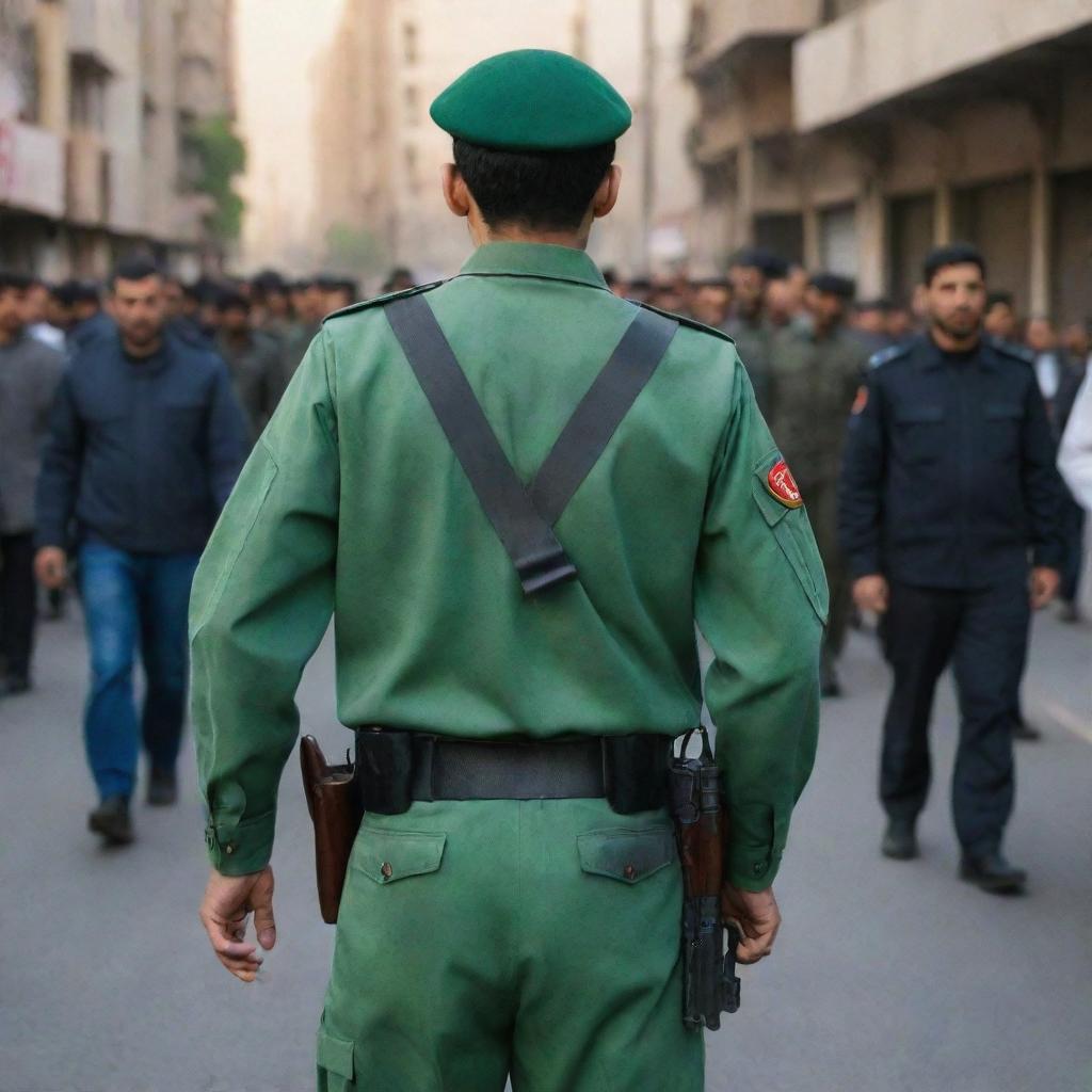 A rear view of an 18-year-old, faceless IRGC guard wearing a jade green military uniform is standing in a riot zone, holding a Browning pistol in his hand.