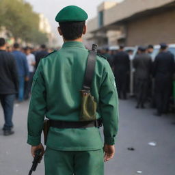 A rear view of an 18-year-old, faceless IRGC guard wearing a jade green military uniform is standing in a riot zone, holding a Browning pistol in his hand.