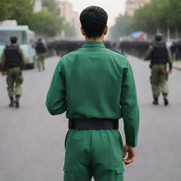 A rear view of an 18-year-old, faceless IRGC guard wearing a jade green military uniform is standing in a riot zone, holding a Browning pistol in his hand.