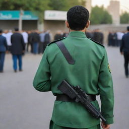 A rear view of an 18-year-old, faceless IRGC guard wearing a jade green military uniform is standing in a riot zone, holding a Browning pistol in his hand.