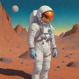 An astronaut in Moebius's distinctive minimalist style, with intricate designs and surreal, vibrant colors