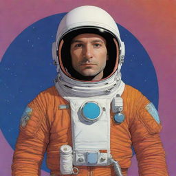 An astronaut in Moebius's distinctive minimalist style, with intricate designs and surreal, vibrant colors