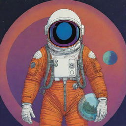An astronaut in Moebius's distinctive minimalist style, with intricate designs and surreal, vibrant colors