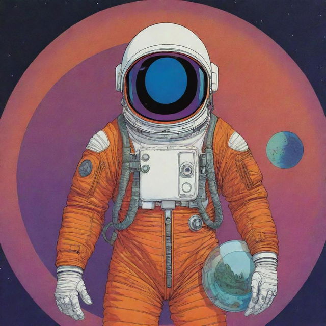 An astronaut in Moebius's distinctive minimalist style, with intricate designs and surreal, vibrant colors