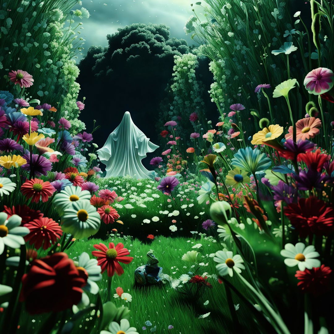 Hyper-realistic 3D Rococo photography of an eerie ghost in a vibrant, mythical meadow filled with fantastical flowers, ornate sculptures, and elaborate garden furniture. The image is a close-up, high definition shot, exuding fantasy vibes.