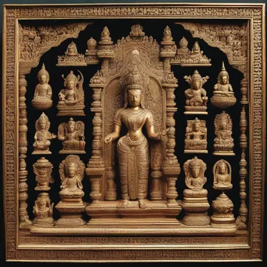 The religious iconography consists of intricate plane figures representing different deities.