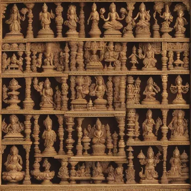 The religious iconography consists of intricate plane figures representing different deities.