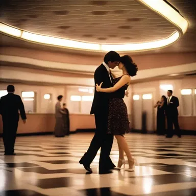 In the romantic movie, the couple shares a dance on a plane figure patterned dance floor.