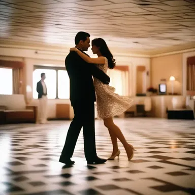 In the romantic movie, the couple shares a dance on a plane figure patterned dance floor.