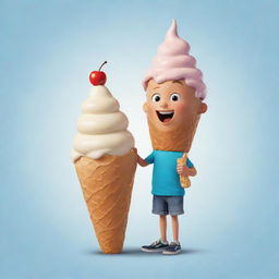 Cartoon image of a playful boy winking and giving a thumbs up while inside an oversized, whimsical ice cream cone.