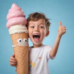 Cartoon image of a playful boy winking and giving a thumbs up while inside an oversized, whimsical ice cream cone.