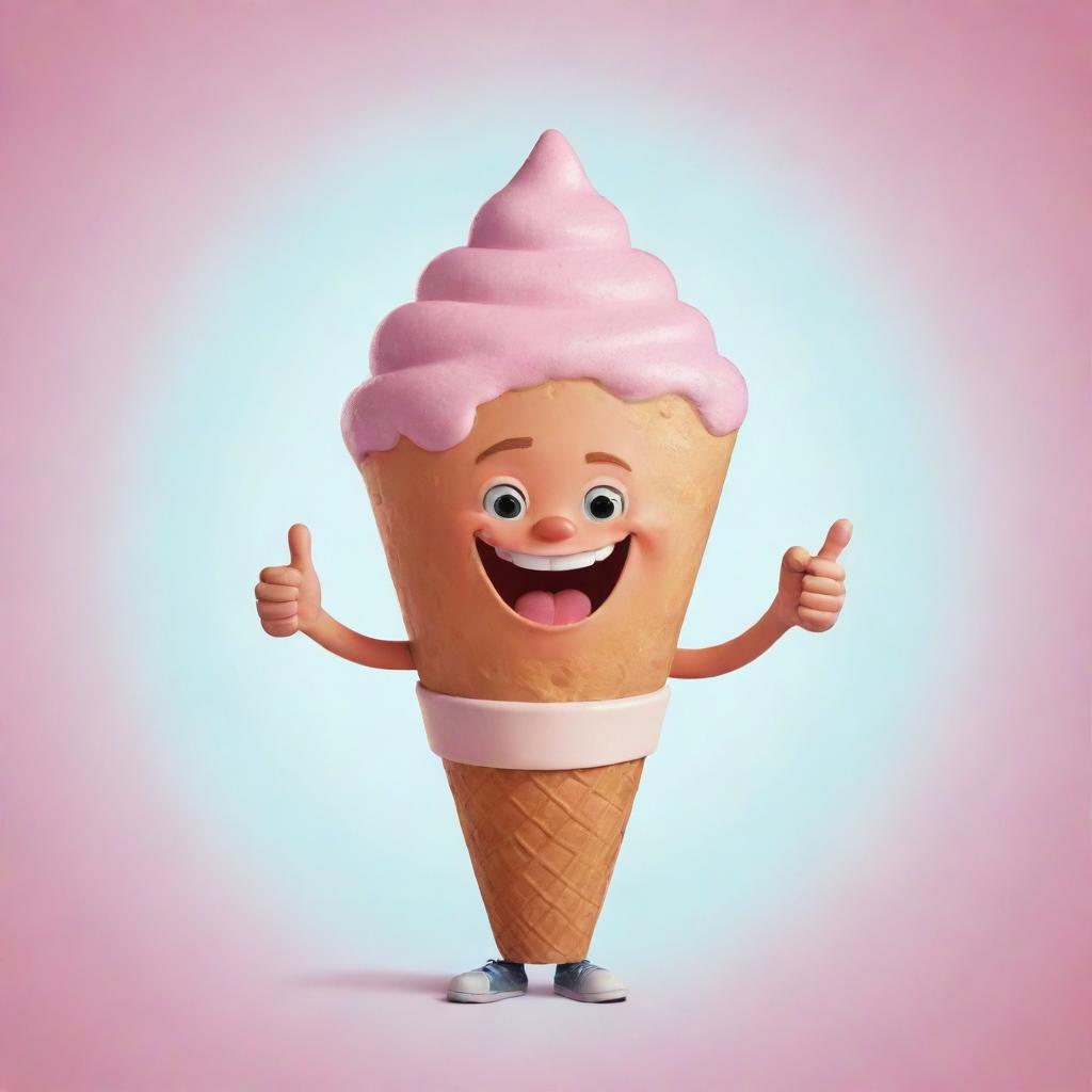 Cartoon image of a playful boy winking and giving a thumbs up while inside an oversized, whimsical ice cream cone.