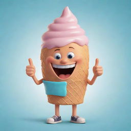 Cartoon image of a playful boy winking and giving a thumbs up while inside an oversized, whimsical ice cream cone.