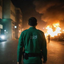 Rear view of an anonymous 18-year-old IRGC guard in a jade green military uniform, standing among chaotic night street riot scenery, with fires burning brightly, adding a dramatic contrast to the scene.