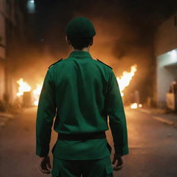 Rear view of an anonymous 18-year-old IRGC guard in a jade green military uniform, standing among chaotic night street riot scenery, with fires burning brightly, adding a dramatic contrast to the scene.