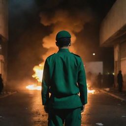 Rear view of an anonymous 18-year-old IRGC guard in a jade green military uniform, standing among chaotic night street riot scenery, with fires burning brightly, adding a dramatic contrast to the scene.