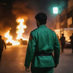 Rear view of an anonymous 18-year-old IRGC guard in a jade green military uniform, standing among chaotic night street riot scenery, with fires burning brightly, adding a dramatic contrast to the scene.