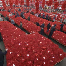 Produce a 3D image of a bustling market brimming with sellers and customers, all dealing with vibrant red crystals. The market is ambiently filled with the sparkling hue and reflective glimmers of these red crystal commodities.