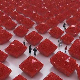 Produce a 3D image of a bustling market brimming with sellers and customers, all dealing with vibrant red crystals. The market is ambiently filled with the sparkling hue and reflective glimmers of these red crystal commodities.