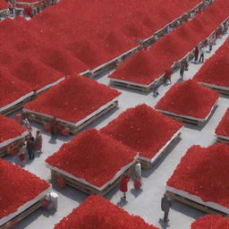 Produce a 3D image of a bustling market brimming with sellers and customers, all dealing with vibrant red crystals. The market is ambiently filled with the sparkling hue and reflective glimmers of these red crystal commodities.