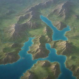 Create an overhead view of a fantasy world map featuring prominent mountains, deep valleys, winding rivers and serene lakes.