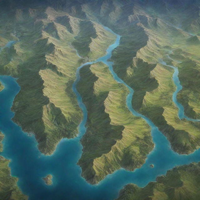 Create an overhead view of a fantasy world map featuring prominent mountains, deep valleys, winding rivers and serene lakes.