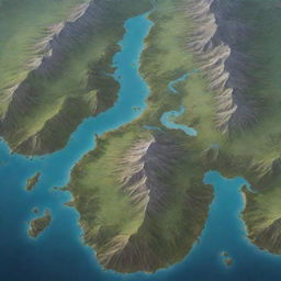 Create an overhead view of a fantasy world map featuring prominent mountains, deep valleys, winding rivers and serene lakes.