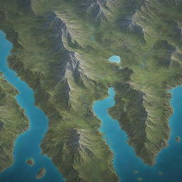 Create an overhead view of a fantasy world map featuring prominent mountains, deep valleys, winding rivers and serene lakes.