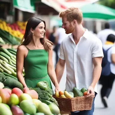 The young couple strolled hand-in-hand through the bustling greengrocery, their eyes filled with love as they picked out ingredients for a romantic dinner.