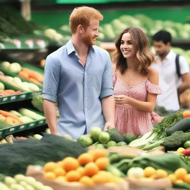 The young couple strolled hand-in-hand through the bustling greengrocery, their eyes filled with love as they picked out ingredients for a romantic dinner.