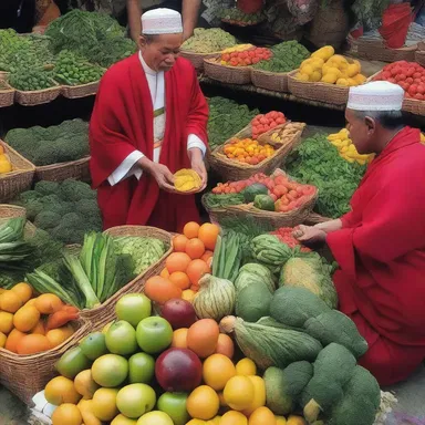 In some religious ceremonies, worshippers offer fruits and vegetables bought from the local greengrocery as a symbol of gratitude to their deities.