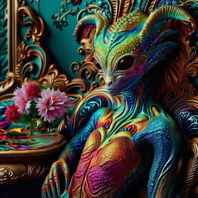 A hyper-realistic 3D photograph of an intelligent, vibrantly coloured alien in a Rococo-inspired setting with a flower aesthetic, captured in a close-up, high-definition shot.