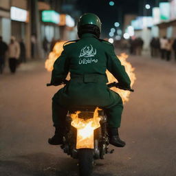 Rear view of a faceless 18-year-old guard in jade green military uniform from IRGC, riding a flaming military motorcycle during a nighttime street riot.