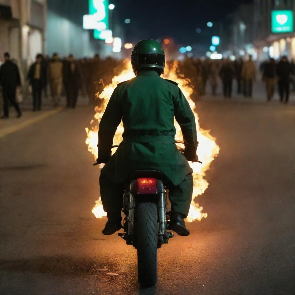 Rear view of a faceless 18-year-old guard in jade green military uniform from IRGC, riding a flaming military motorcycle during a nighttime street riot.