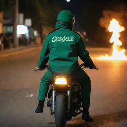 Rear view of a faceless 18-year-old guard in jade green military uniform from IRGC, riding a flaming military motorcycle during a nighttime street riot.