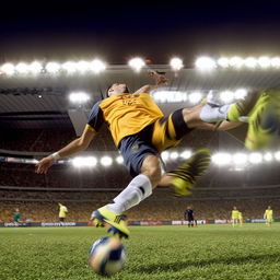 A professional footballer in action, performing a dynamic bicycle kick, with a stadium filled with fans in the background, mid-game intensity.