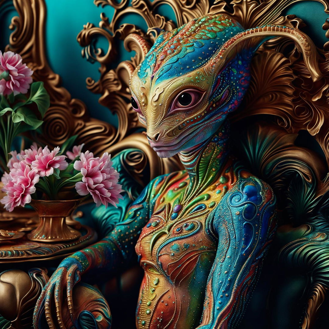 A hyper-realistic 3D photograph of a majestic, vibrantly coloured alien in a Rococo-inspired setting with a flower aesthetic, captured in a close-up, high-definition shot.