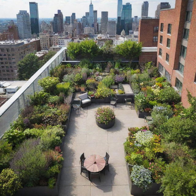 An aerial view of an urban rooftop garden, lush with diverse plant life, flowers, and comfortable seating areas. The city skyline frames the background.