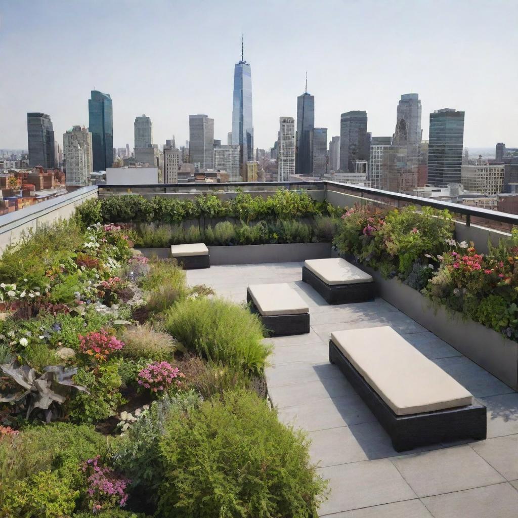 A stunning rooftop garden featuring a variety of plants and flowers, complemented by several seating areas. The view transitions smoothly into the surrounding cityscape.