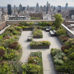 A stunning rooftop garden featuring a variety of plants and flowers, complemented by several seating areas. The view transitions smoothly into the surrounding cityscape.