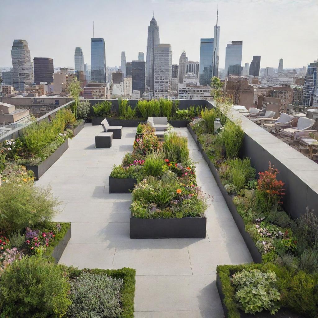 A stunning rooftop garden featuring a variety of plants and flowers, complemented by several seating areas. The view transitions smoothly into the surrounding cityscape.