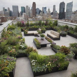 A stunning rooftop garden featuring a variety of plants and flowers, complemented by several seating areas. The view transitions smoothly into the surrounding cityscape.